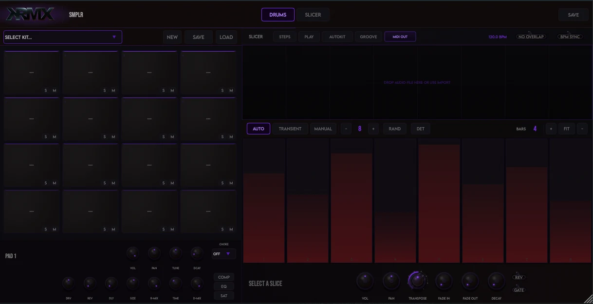 SMPLR plugin interface, met 16 drum pads links en de slicer met transient bars rechts